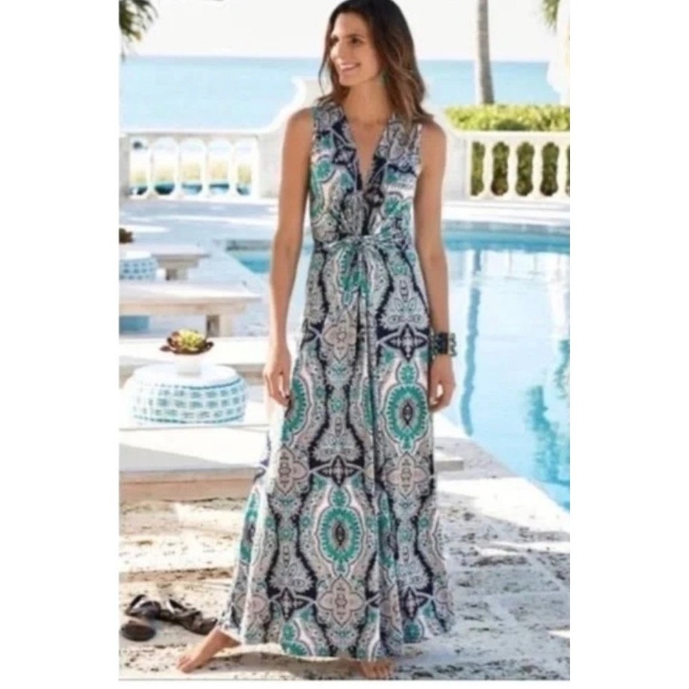 Soft Surroundings Teal Navy Paisley Medallion Knot Front Maxi Dress Large Boho‎